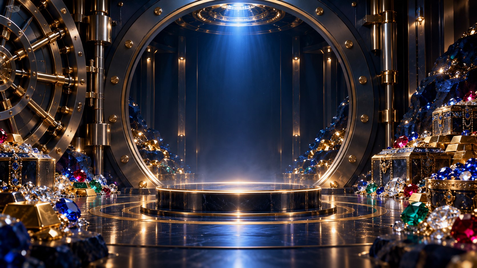 An open vault illuminated by blue light and surrounded by precious jewels